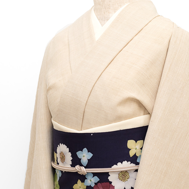 染の川勝「花の集い」千成堂着物店別注 堰出し友禅の染め名古屋帯と結城縮のコーディネート