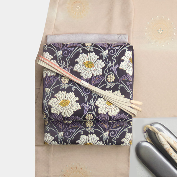 鈴木織物 唐綾錦 袋帯 蔓唐草牡丹文様 浅紫 西陣織