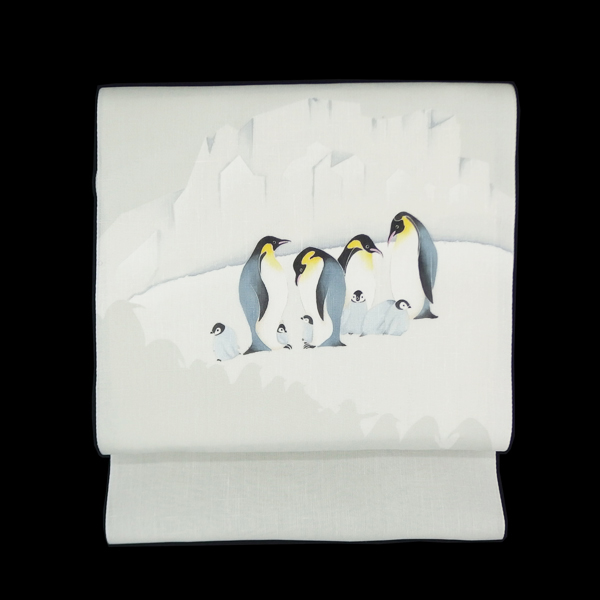 水橋さおり 「ペンギン」 九寸名古屋帯 染め帯 ミント系の薄灰色 夏帯