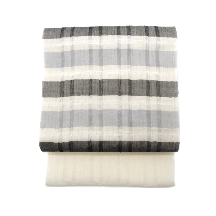 樋口隆司（樋口織工藝社） 「素布帯 横段織格子」 本場小千谷縮 九寸名古屋帯 夏帯 白よごしに薄藤色と薄墨色