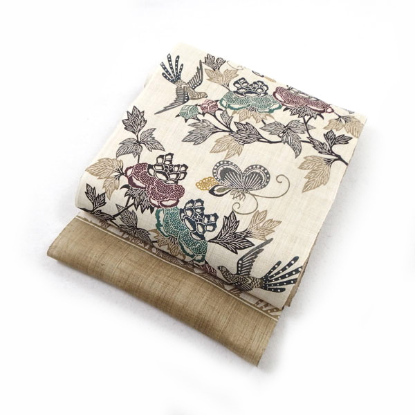 栗山吉三郎 本大麻九寸名古屋帯 染め帯 夏帯 京紅型 薄茶 花鳥蝶文様 別注品