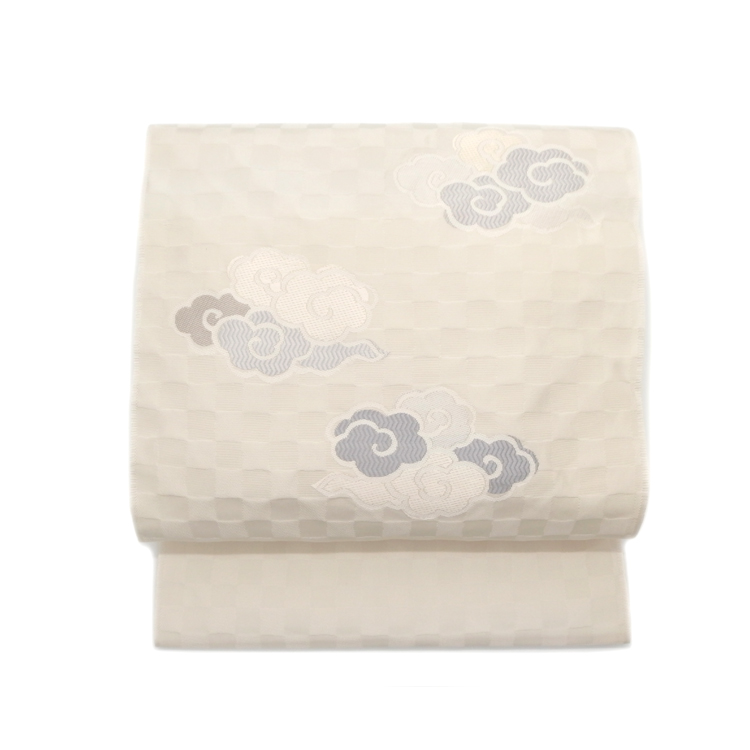 洛風林 「市松飛雲文 千成堂別注色」 九寸名古屋帯 白よごし