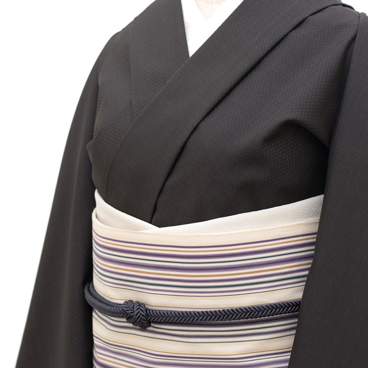 遠藤聡子 別注 小倉織帯地「紫陽花」と黒黄八丈のコーディネート