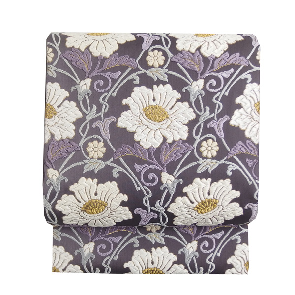 鈴木織物 唐綾錦 袋帯 蔓唐草牡丹文様 浅紫 西陣織