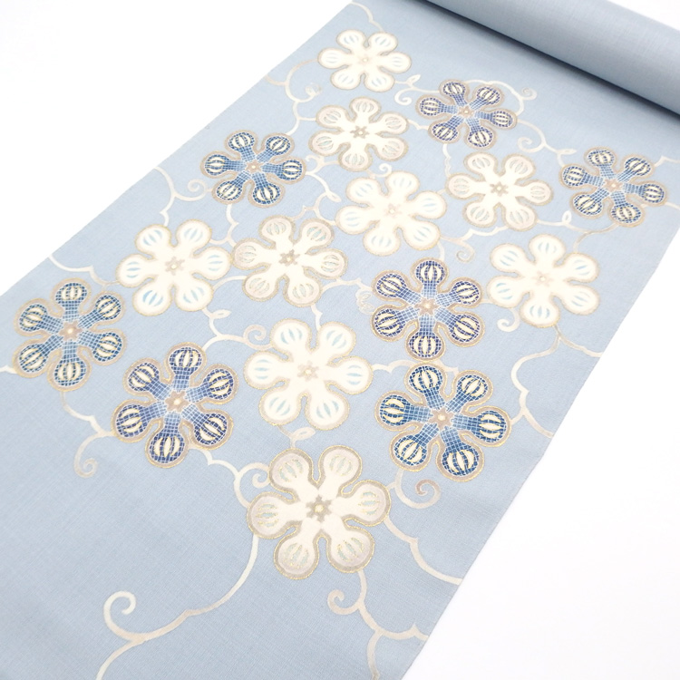 桑原牧子 「六瓢のはな 千成堂別注」 九寸名古屋帯 染め帯 白藍色